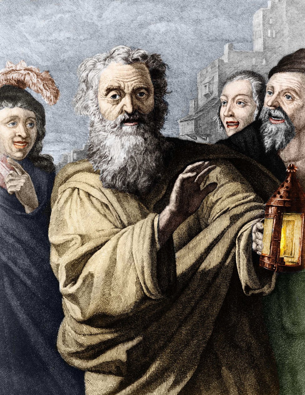 Diogenes (cynik filozof) i jego latarnia, za pomocą której szukał uczciwego człowieka. Grawerowanie z XIX wieku. autorstwa Unknown artist