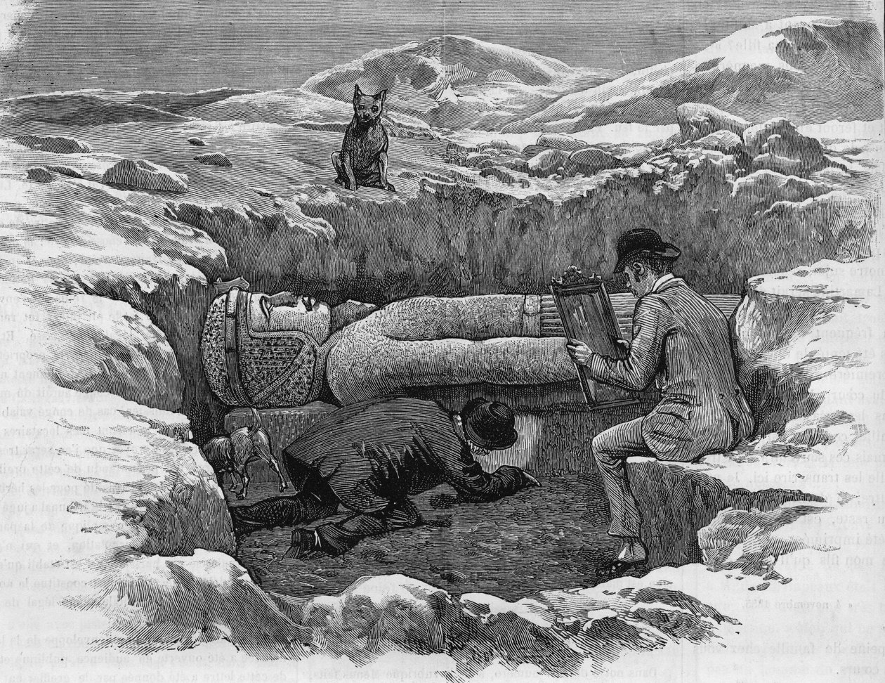 Odkryto kolosalny posąg Rhamzesa II. Hieroglify są obliczane przy użyciu odbicia lustrzanego. Grawerunek z 1886 roku. autorstwa Unknown artist