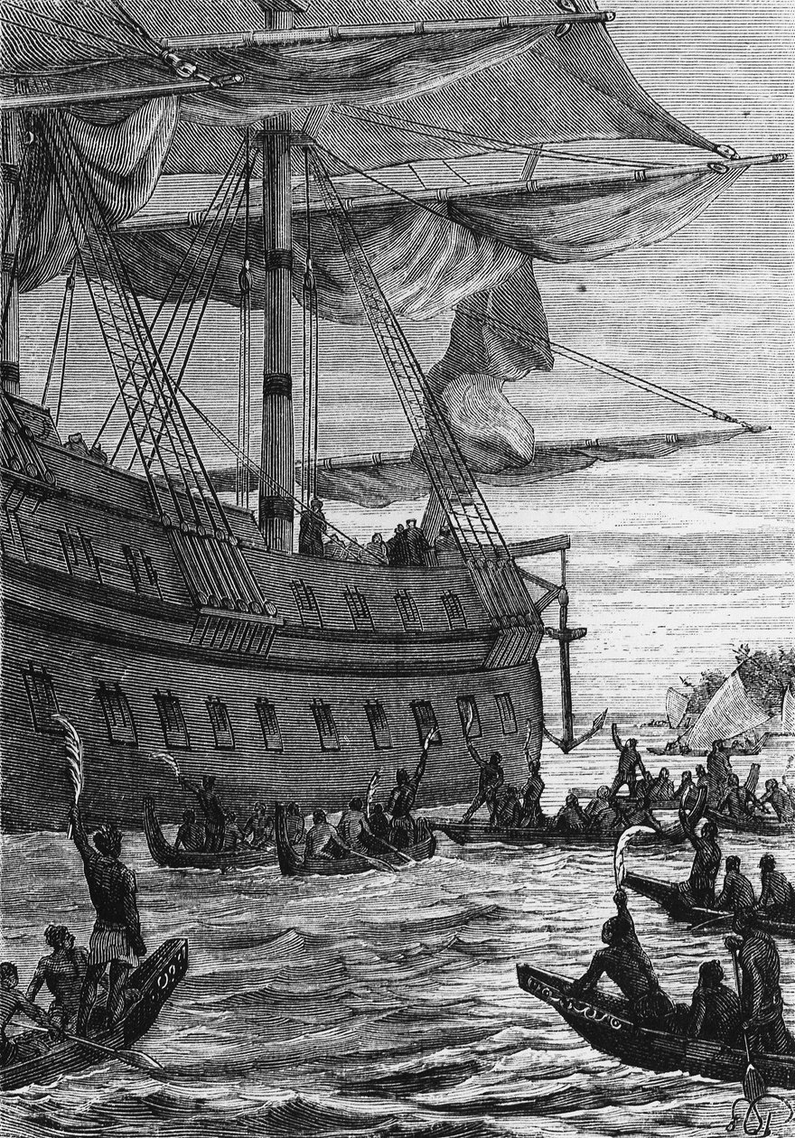 Discovery des Indes: rejs Wallis na Pacyfik; Rdzenni mieszkańcy, którzy spotkają Colonów – w „”Les Voyageurs du 18eme et 19eme ecle”, autorstwa Julesa Verne