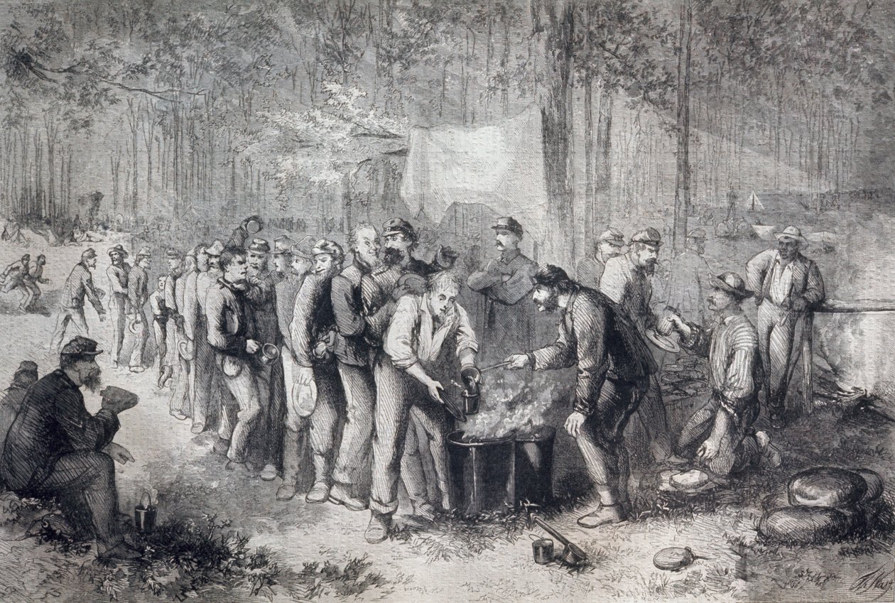 Dystrybucja racji żywnościowych do północnoamerykańskiej jednostki wojskowej, Stany Zjednoczone Ameryki, wojna secesyjna, grawerowanie autorstwa Unknown artist