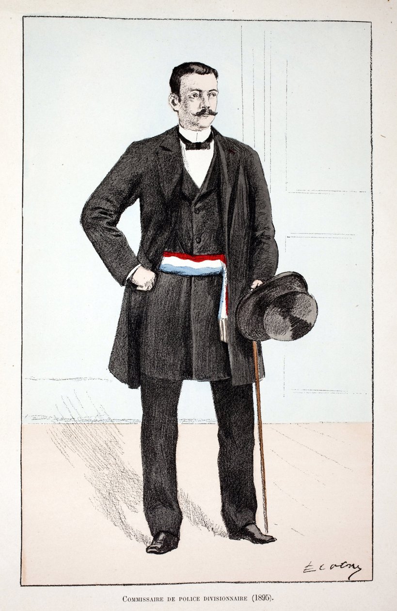 Komisarz Oddziałowy Policji (1896). Akwaforta w kolorach, dla ilustracji „Historia korpusu sił pokojowych””” książka wydana pod patronatem Louisa Lepine’a (1846-1933) prefekta policji nad Sekwaną, autorstwa Alfreda Reya (1864-?) i Louisa Irona autorstwa Unknown artist
