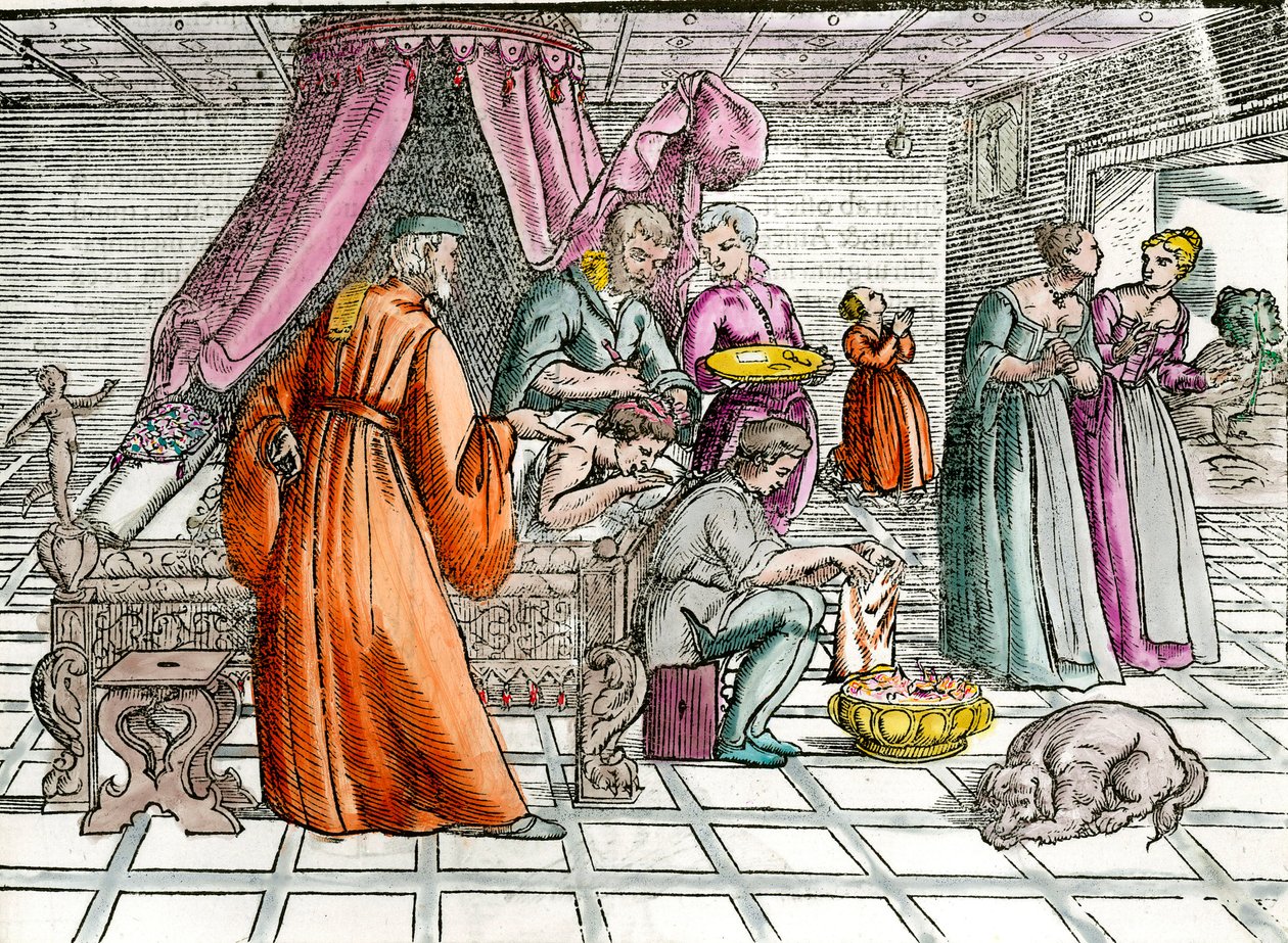 Lekarz: „”Trepanacja””” Chirurg operuje czaszkę swojego pacjenta. Rycina XVI-wiecznej kolekcji prywatnej autorstwa Unknown artist