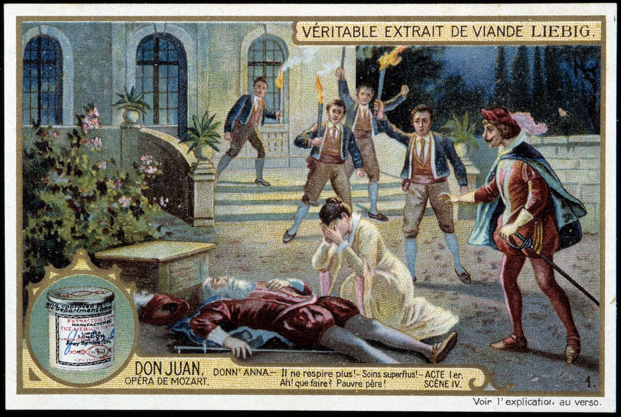 Donna Anna odkrywa swojego zmarłego ojca - „” Już nie oddycha! Zbędna pielęgnacja! Co robić? Biedny ojciec! - Akt I, scena 4 Don Juana (Don Giovanni), opera Mozarta (1756-1791) - Chromolitografia Liebiga autorstwa Unknown artist