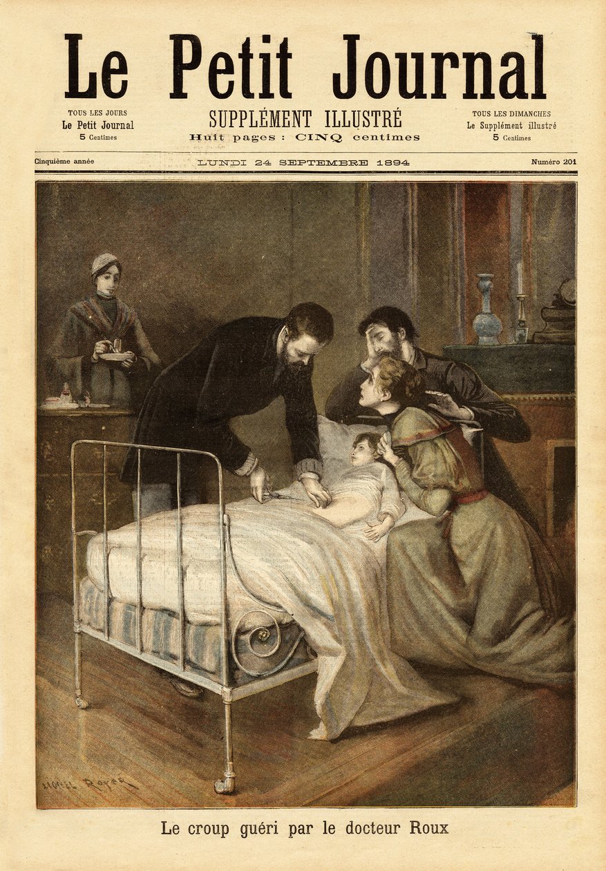 Dr Emile Roux (1853-1933), bakteriolog, współpracownik Louisa Pasteura (1822-1895), który opracował szczepionkę przeciwko krupowi (powikłaniu odry u dzieci). Grawerowanie w „Le petit journal”” 24.09.1894. Kolekcja Selvy. autorstwa Unknown artist