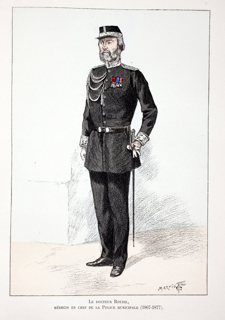 dr Roudil, naczelny lekarz straży miejskiej (1867-1877). Akwaforta w kolorach, dla ilustracji „Historia Korpusu Strażników Pokoju””” wydana pod patronatem Louisa Lepine