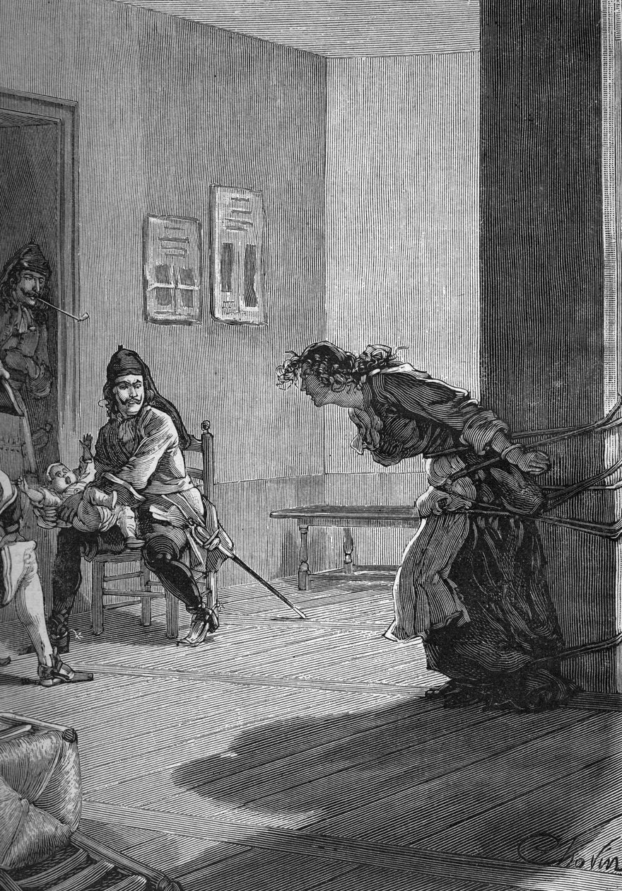 Dragonnades (1685-1686) - tortury protestanckiej rodziny: żołnierzy króla, smoki, trzymające niemowlę, podczas gdy jej matka jest przywiązana do słupa. Rycina XIX wieku. W „Histoire de France” Julesa Micheleta autorstwa Unknown artist