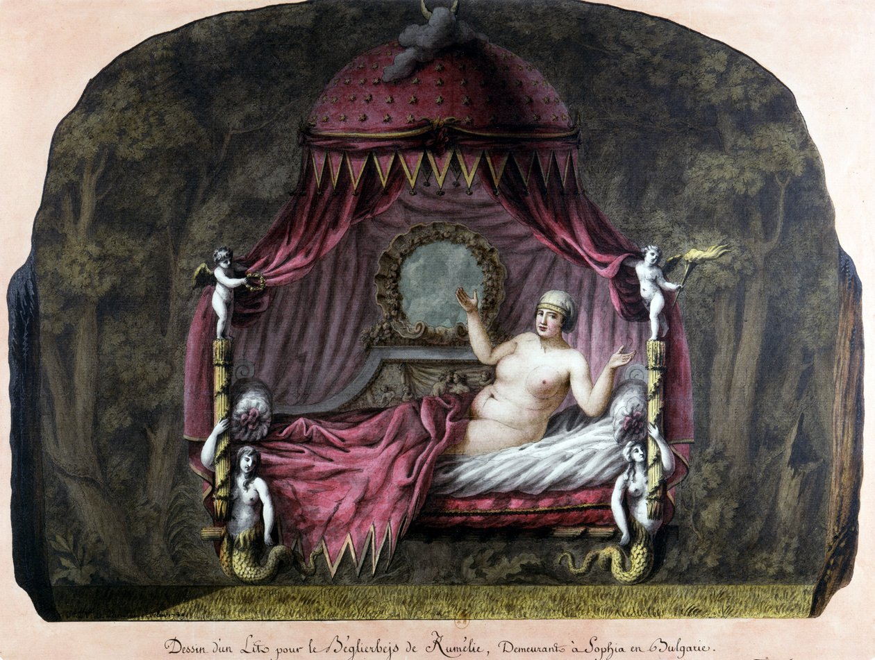 Rysunek łóżka dla beja di Roumelie, zamieszkałego w Sofii w Bułgarii. Naga kobieta zaprasza ją, by do niej dołączyła. JJ Lepreu. autorstwa Unknown artist