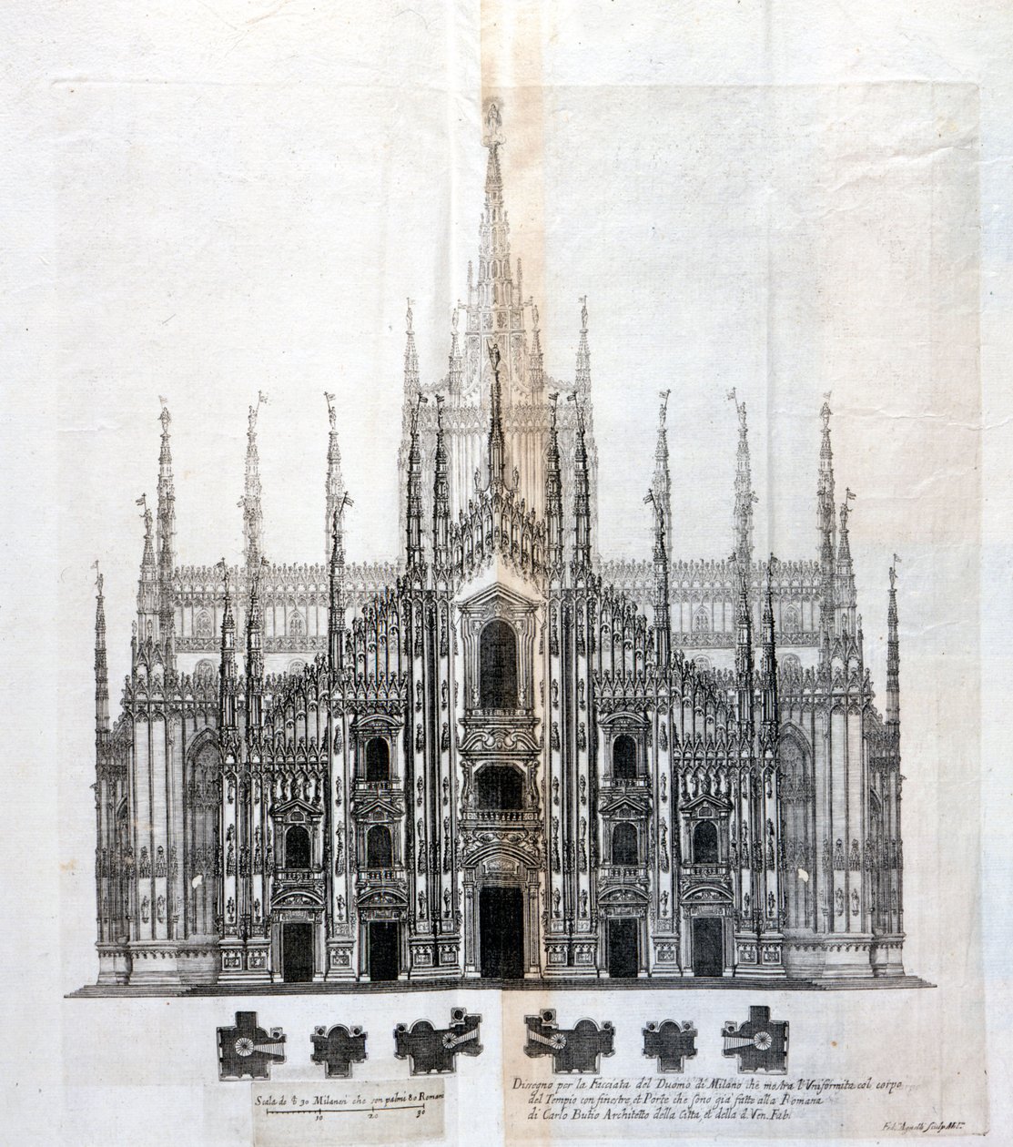 Rysunek fasady Duomo w Mediolanie ukazujący jej jednolitość z bryłą budynku. Wiele projektów architektonicznych zostało zaprojektowanych około XVII wieku, aby uzupełnić fasadę, która pozostała niedokończona. autorstwa Unknown artist