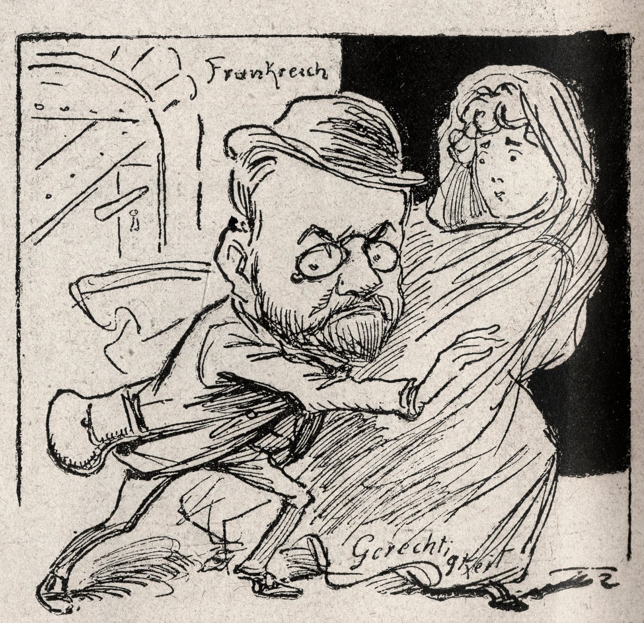 Afera Dreyfusa - Emile Zola ma Sprawiedliwość: chodź ze mną, mój skarbniku, tu już nie chcemy nas słuchać - Rysunek opublikowany w austriackiej gazecie „Der Floh” w 1898 r. (reprodukcja w Le Rire autorstwa Unknown artist