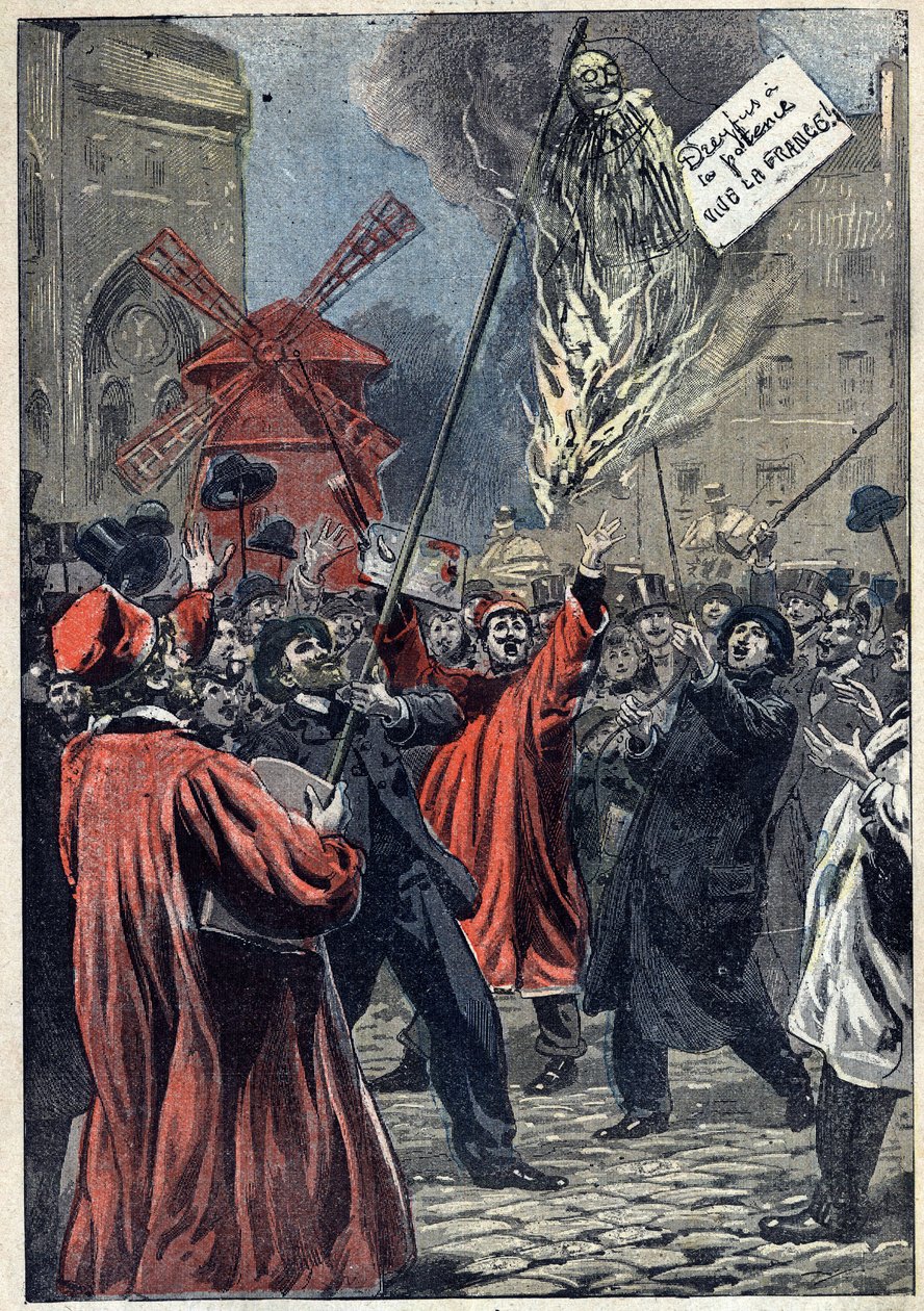 Sprawa Dreyfusa - Paryż - 1898: manifestacja antysemitów na Montmartrze. Wizerunek Martina Dreyfusa, brata Alfreda, stoi na placu, a na jego szyi wisi napis: „Dreyfus ma szubienicę. Niech żyje Francja!" Ilustracja w „Le Pelerin” J autorstwa Unknown artist