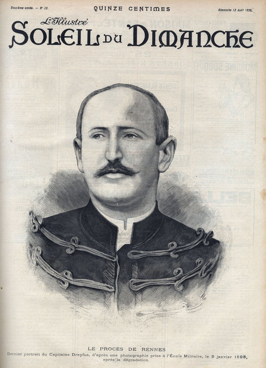 Sprawa Dreyfusa: portret Alfreda Dreyfusa (1859-1935) po jego degradacji podczas procesu w Rennes. Grawerowanie w „”Le sun-du-dimanche”, 13 sierpnia autorstwa Unknown artist