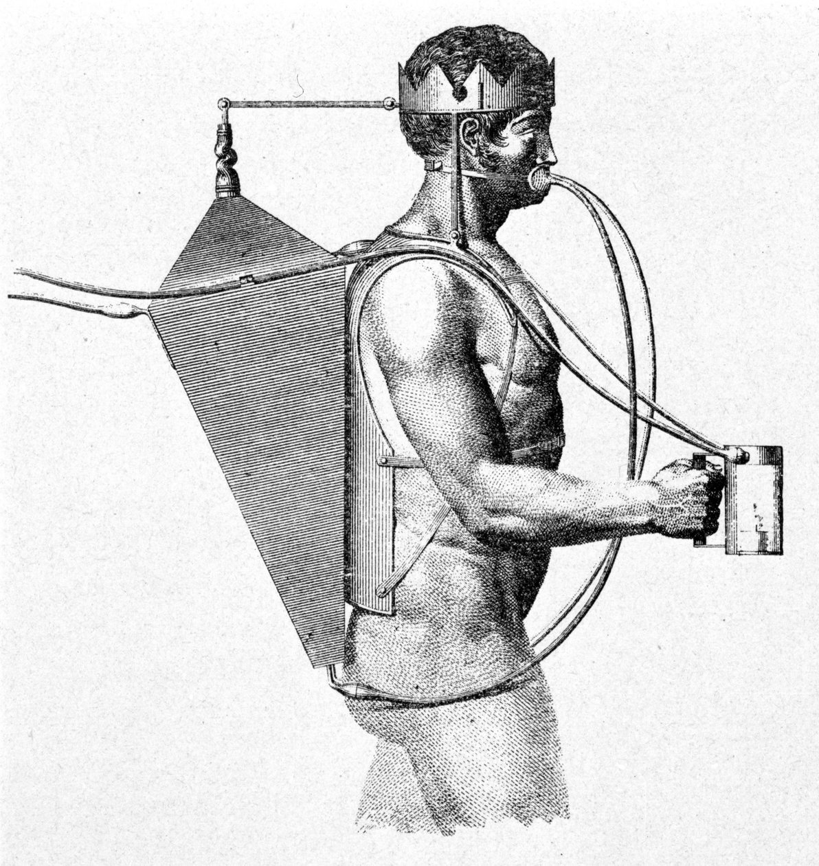 Projekt Scaphandre Drieberga z 1802 r., znany jako tryton. Powietrze wpada prosto do ust mężczyzny. autorstwa Unknown artist