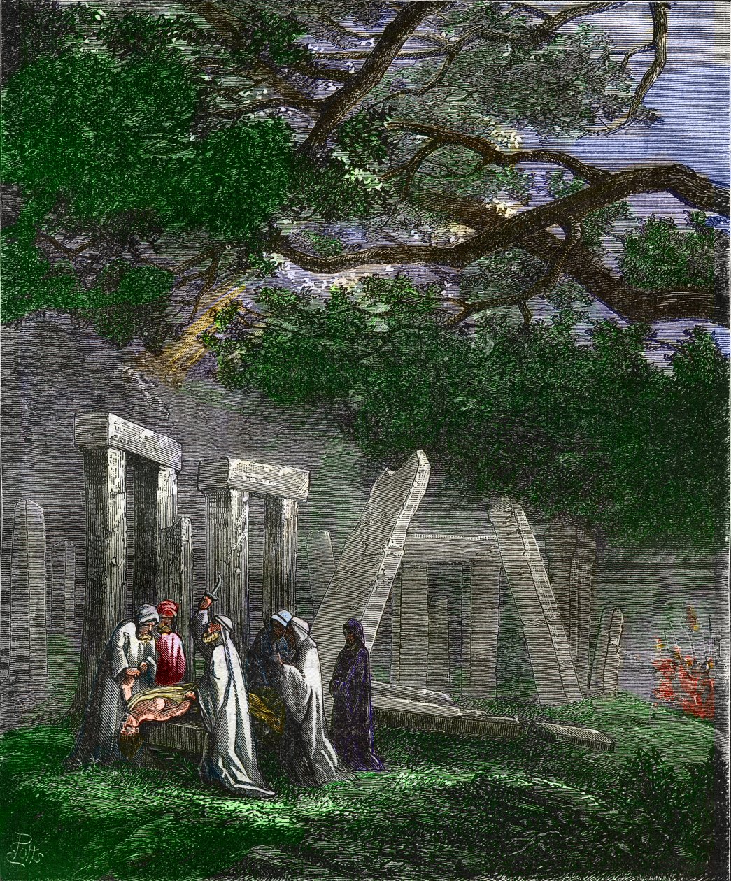 Druidzi praktykujący składanie ofiar z ludzi w Stonehenge zatrzymane przez rzymskich żołnierzy - Ofiary z ludzi przez druidów a Stonehenge zatrzymują się w Stonehenge przez rzymskich żołnierzy podczas rytuału - Kolorowa grawerunek z XIX wieku autorstwa Unknown artist