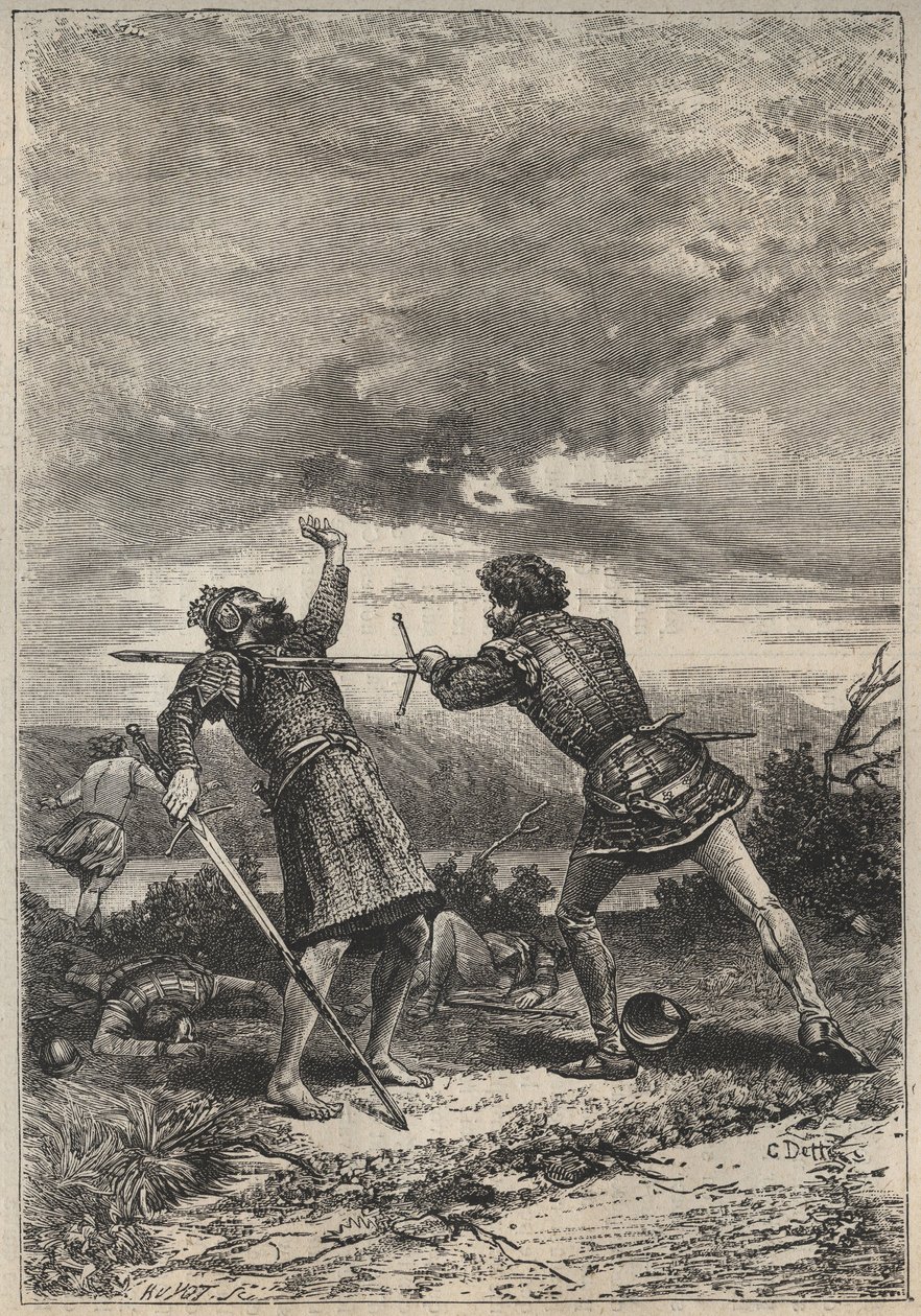 Pojedynek i śmierć Oak Torquila - XIX-wieczna ilustracja do powieści historycznej „Ładna dziewczyna z Perth lub Walentynki (Walentynki; lub Piękna panna z Perth) autorstwa Waltera Scotta (1771-1832) autorstwa Unknown artist