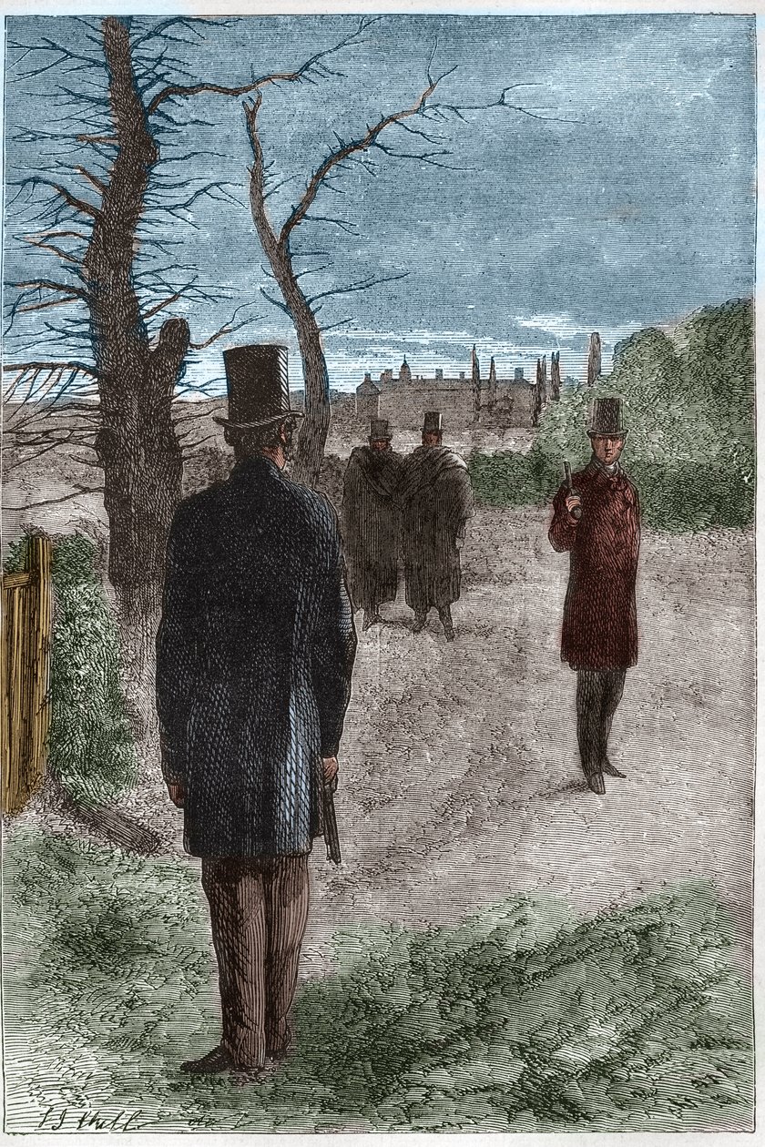 Pojedynek pomiędzy Georgem Williamem Finch-Hattonem (Finch Hatton), hrabią Winchilsea (1791-1858) i Arthurem Wellesleyem, księciem Wellington (1769-1852) na Battersea Fields, w dniu 21 marca 1829 r. autorstwa Unknown artist