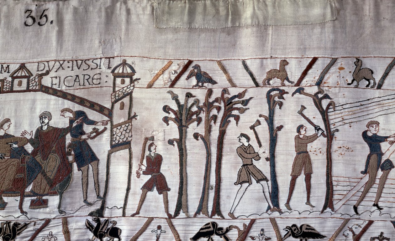 Książę Guillaume zlecił budowę statków, wycięto drzewa - gobelin z Bayeux, znany jako Haft królowej Matyldy autorstwa Unknown artist