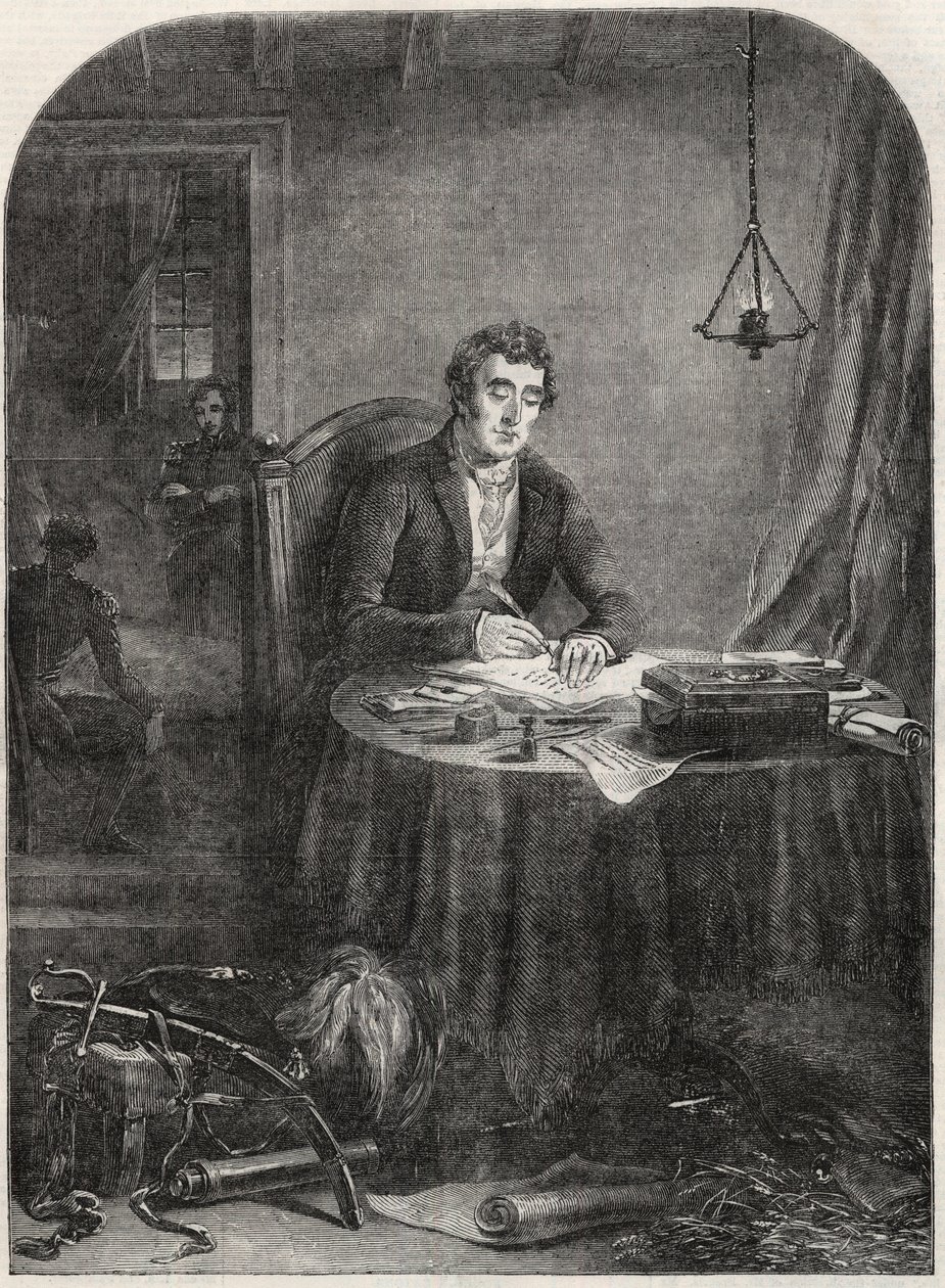 Książę Wellington (Arthur Wellesley (1769-1852) Książę Wellington) pisanie wysyłki po Waterloo, 19 czerwca 1815 - grawerowanie 1852 autorstwa Unknown artist