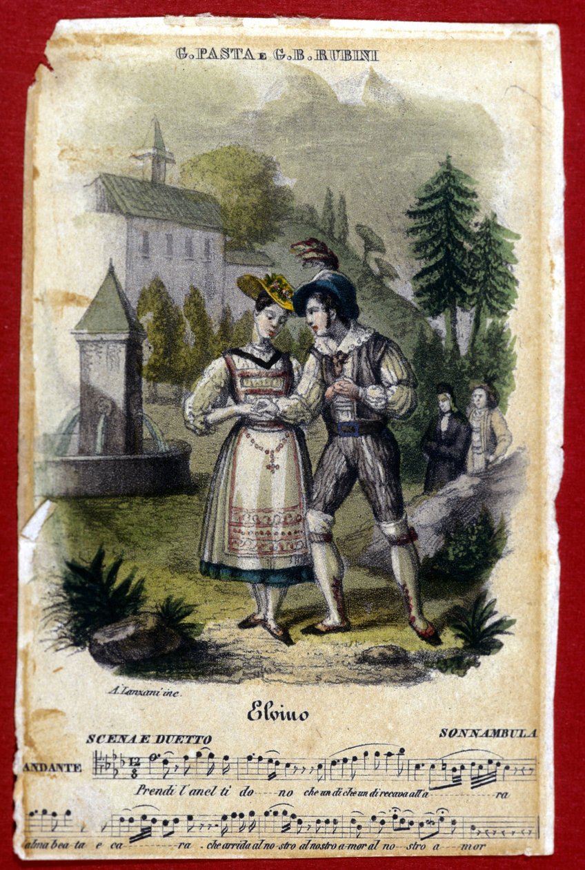 Duet Giuditta Pasta i Gian Battista Rubini w operze „La somnambule” („La Sonnambula”) Vincenzo Belliniego. Teatr Carcano w Mediolanie. 1831. autorstwa Unknown artist
