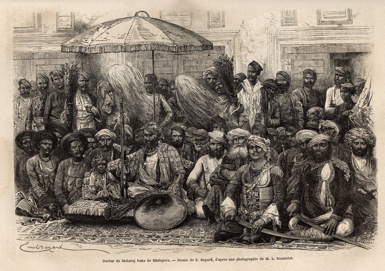 Durbar (feodalna i prawna rada stanu książęcego) Maharajy Rany z królestwa Dholepore (Radźasthan). Engravure pour illustrrer l