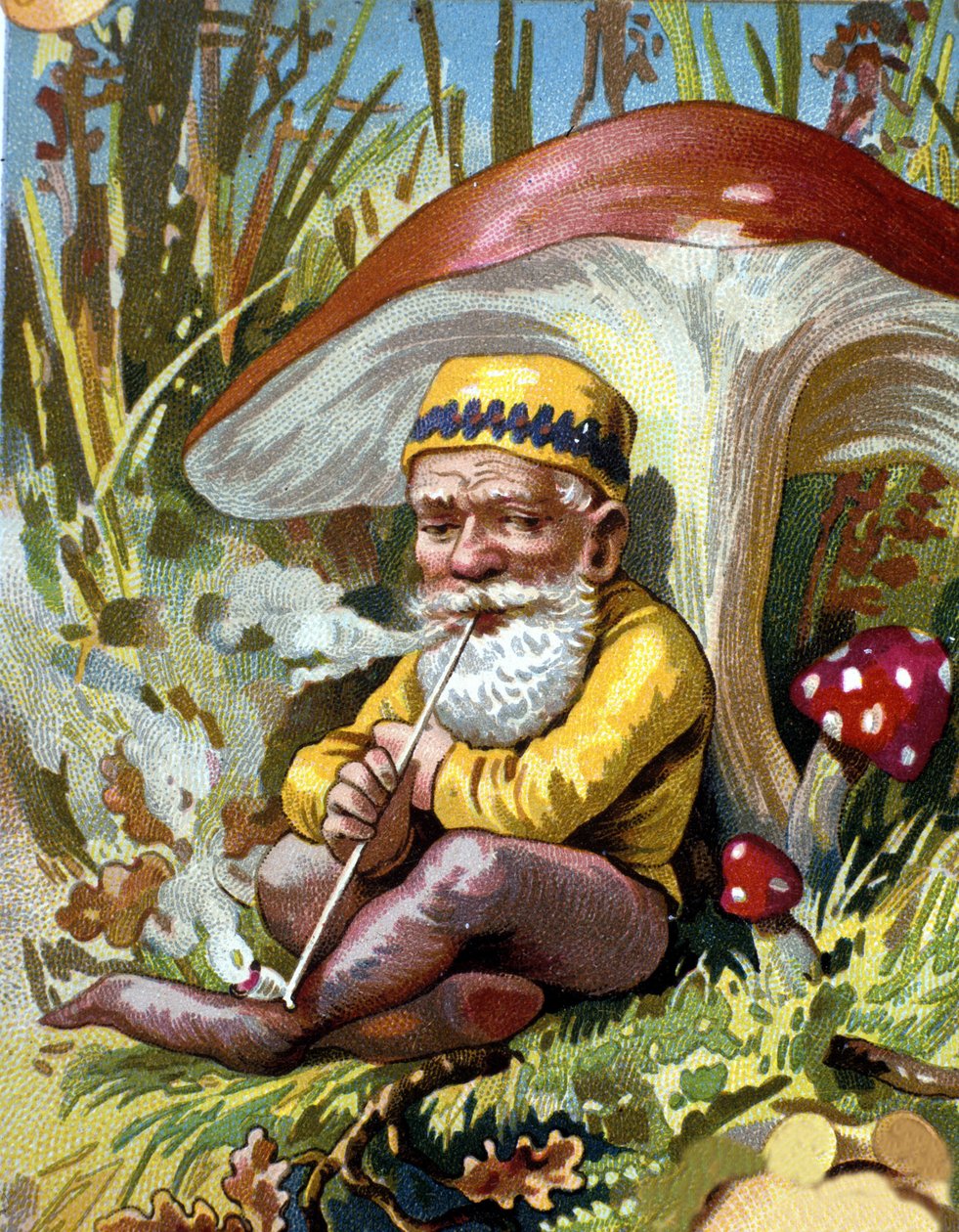 Krasnolud lub farfadet palący fajkę. XIX-wieczna chromolitografia. autorstwa Unknown artist