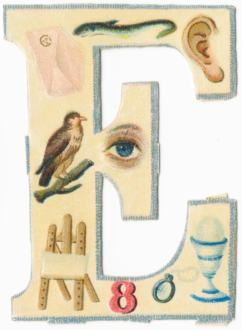E: koperta, węgorz, ucho, orzeł, oko, sztaluga, ósemka, okulary, jajko (kolor lito) autorstwa Unknown artist