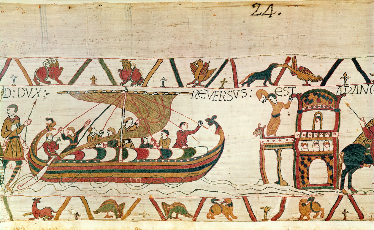 Earl Harold wraca do Anglii, Bayeux Tapestry (haft wełniany na płótnie) autorstwa Unknown artist