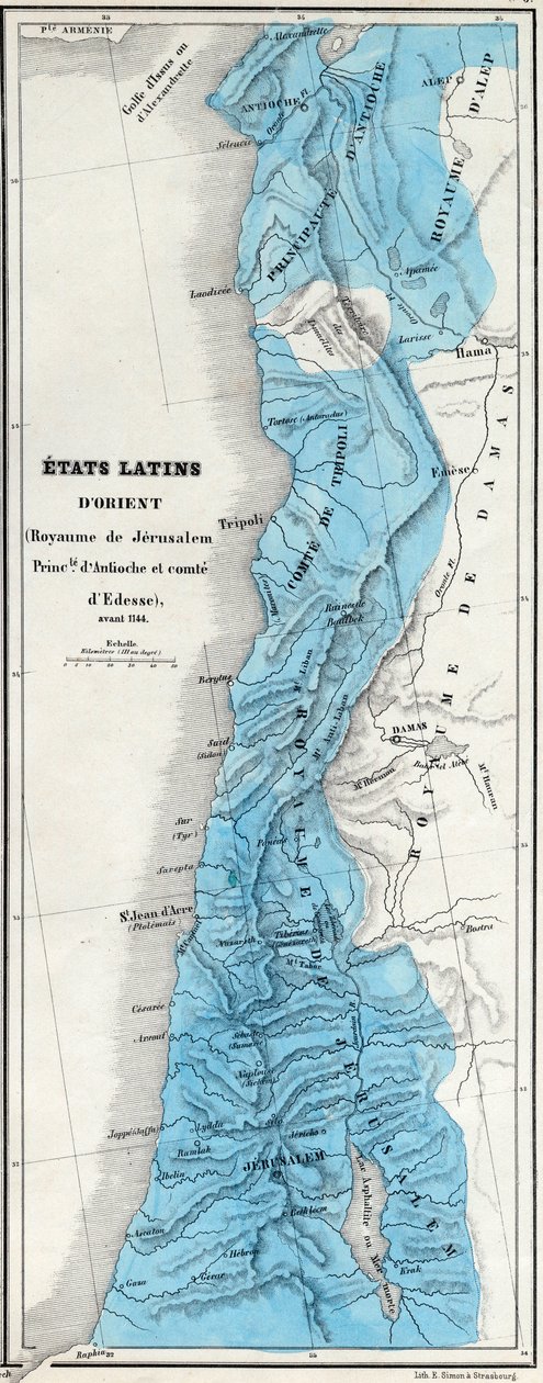 Stany wschodniołacińskie przed 1144 - Królestwo Jerozolimy - Principaut of Antioch - Hrabia Edessy - Mapa przygotowana przez M J-H Schnitzlera, Atlas historyczny i malowniczy 1858 autorstwa Unknown artist