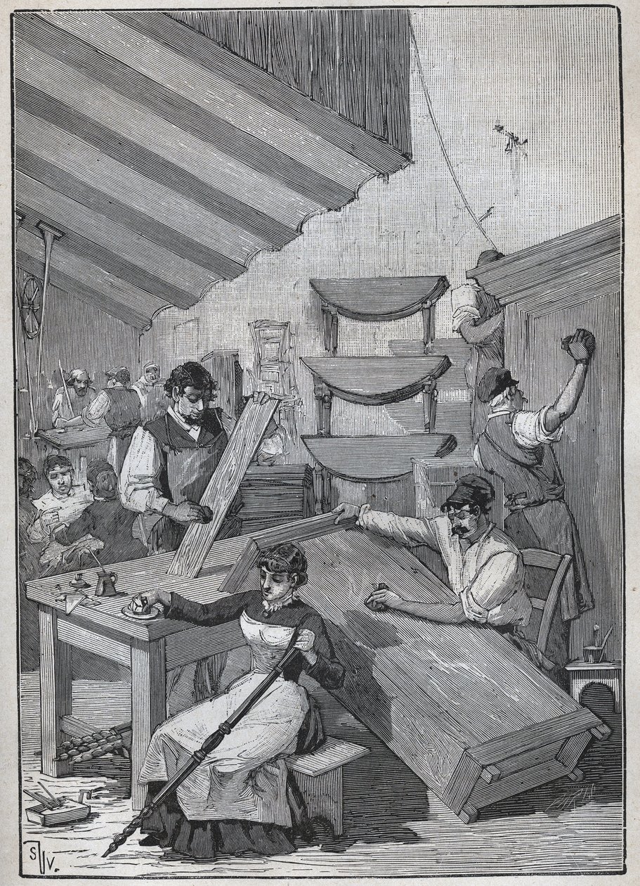 Ebenisterie: warsztat lakierowania stempli. Grawer z 1885 roku w „Les arts et metiers illustres” Adolphe BITARD. autorstwa Unknown artist