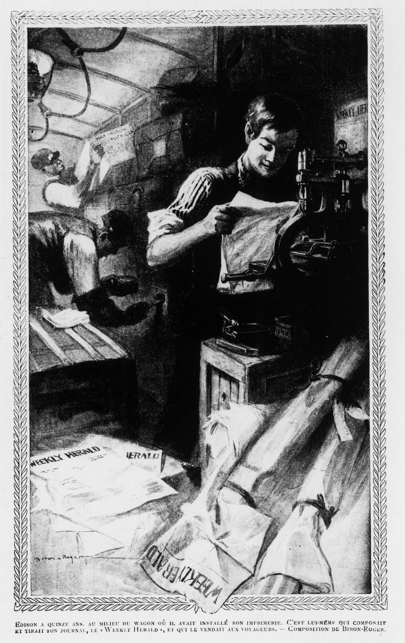 Edison, lat 15, pośrodku samochodu, w którym instalował swoją drukarnię. Pisał i drukował swoją gazetę „Weekly Herald” i sprzedawał ją podróżnym. autorstwa Unknown artist