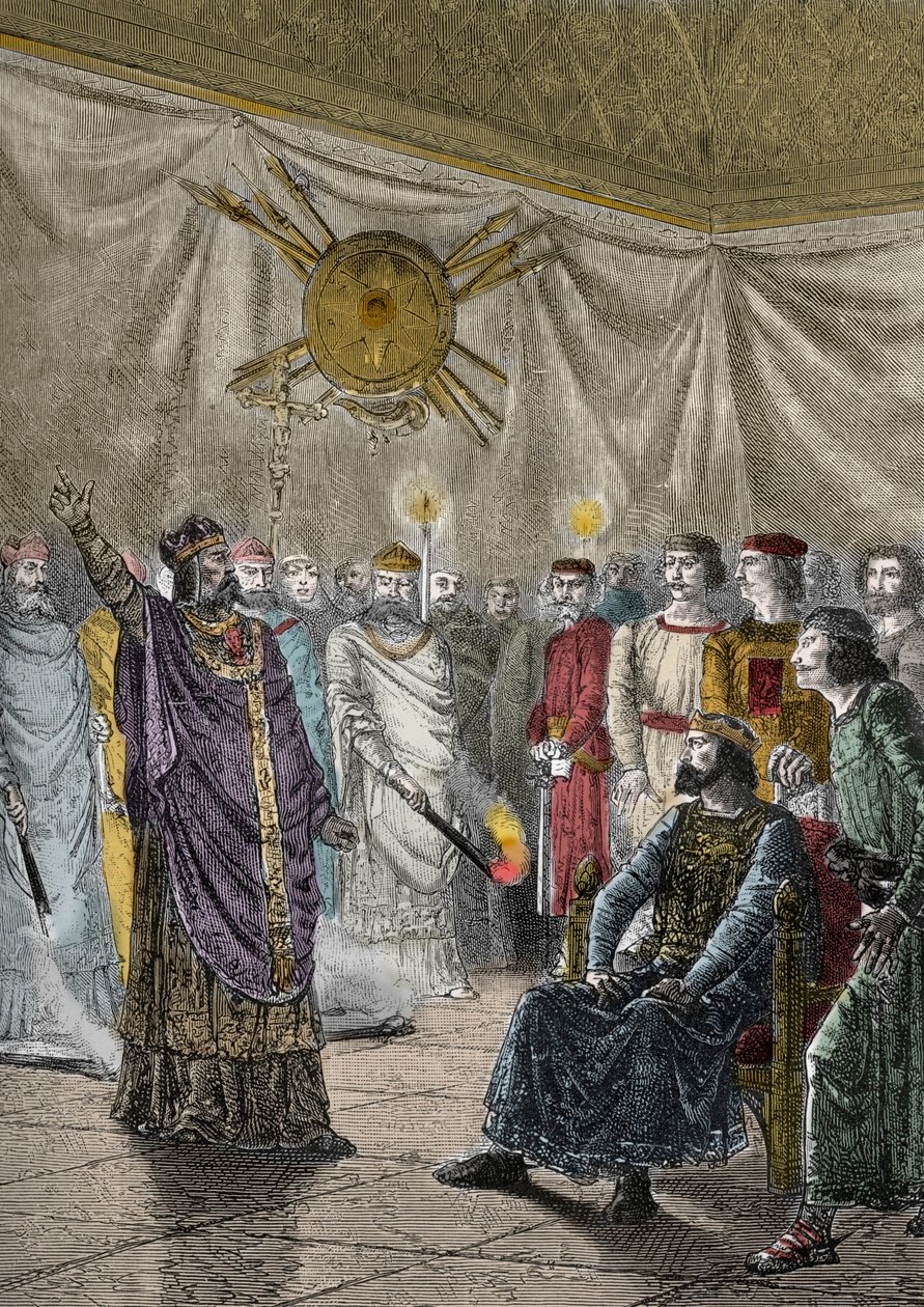 Edmund Rich, arcybiskup Canterbury, grozi ekskomuniką Henryka III - Świętego Edmonda z Cantorbery (1170-1242), dit Saint Edme (Edmund Rich) groźba d