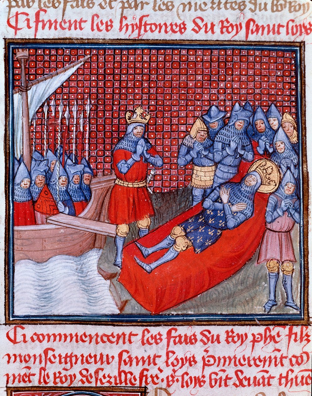 Ósma Krucjata: „Śmierć św. Ludwika w Tunisie 25 sierpnia 1270 r.” Miniatura zaczerpnięta z „Les grandes Chronicles de France” Jeana Froissarta (1337-1400) XV w. Chantilly, Musee Conde autorstwa Unknown artist