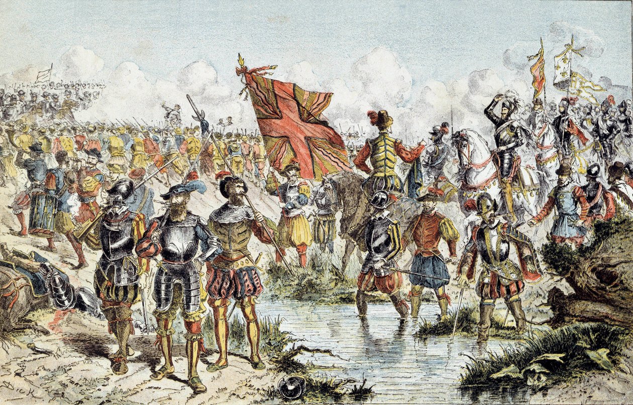 Ósma Wojna Religijna (1585-1598): bitwa pod Ivry 14 marca 1590 r. pomiędzy królewską armią Henryka IV (która zwycięży) a Ligą Katolicką. Ilustracja z XIX wieku. Paryż, Musée de l