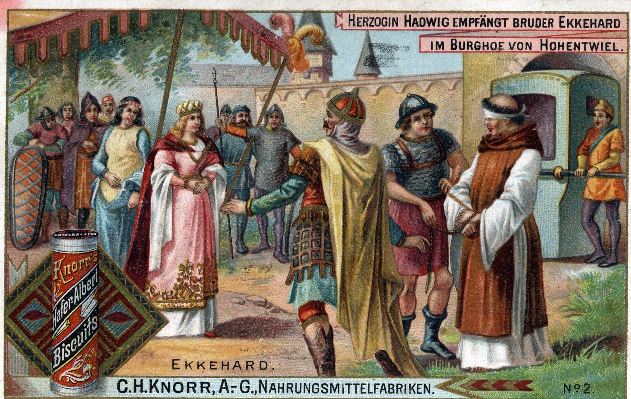 Ekkehard IV z St. Gallen (St. Gallen) lub Eckhard, Eckhart (980-1057) erudyta i poeta łaciński. Księżna Hadwig przyjmuje brata Ekkeharda na dziedzińcu zamku Hohentwiel. Verso: „”Brat Ekkehard, którego księżna zleciła do swojego zamku jako autorstwa Unknown artist
