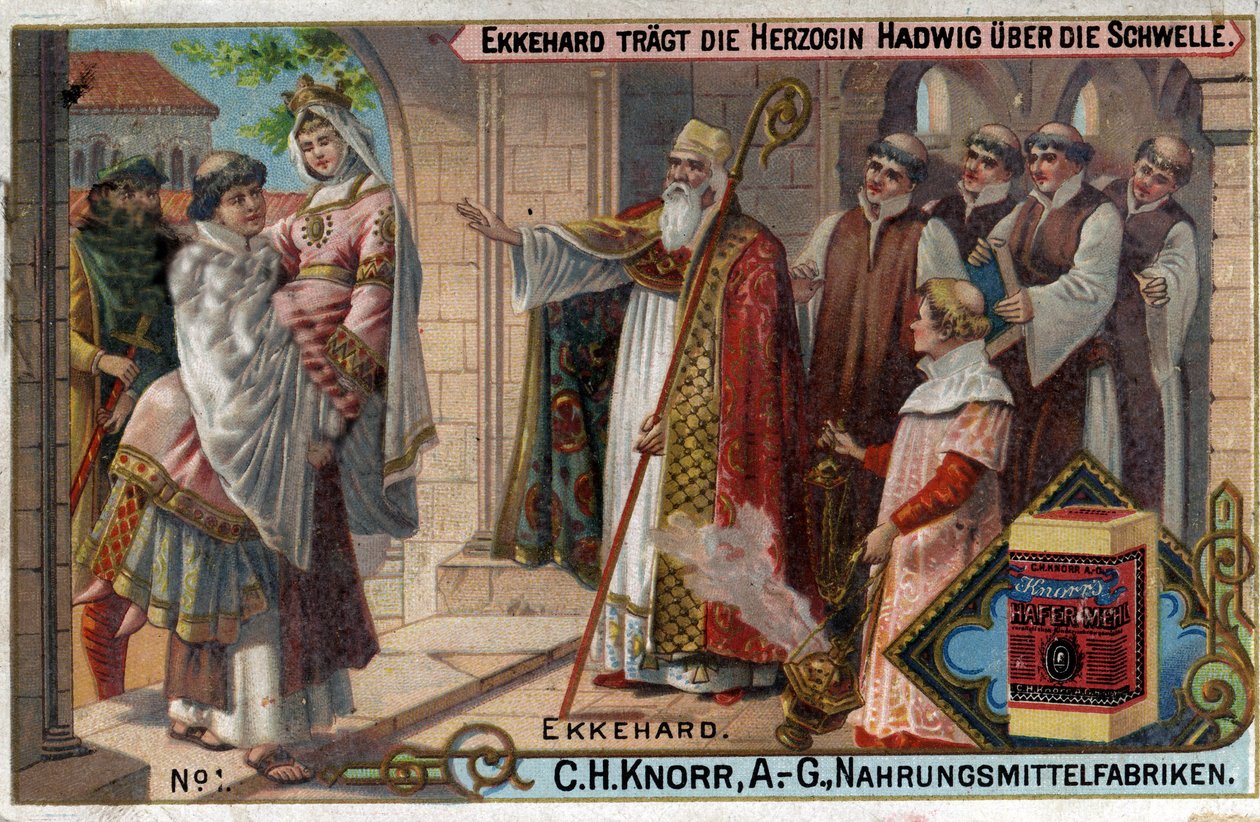 Ekkehard IV z St. Gallen (St. Gallen) lub Eckhard, Eckhart (980-1057) erudyta i poeta łaciński. Ekkehard zmusza księżną Hadwig do przekroczenia progu. autorstwa Unknown artist
