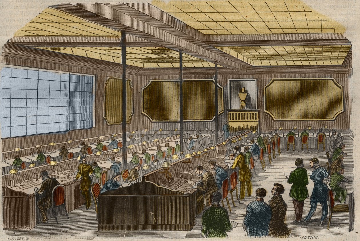 Telegrafia elektryczna: widok na główny dworzec linii telegraficznych we francuskim Ministerstwie Spraw Wewnętrznych w Paryżu. Grawer z 1856 r. w „Le Musee Des Sciences”” autorstwa Unknown artist
