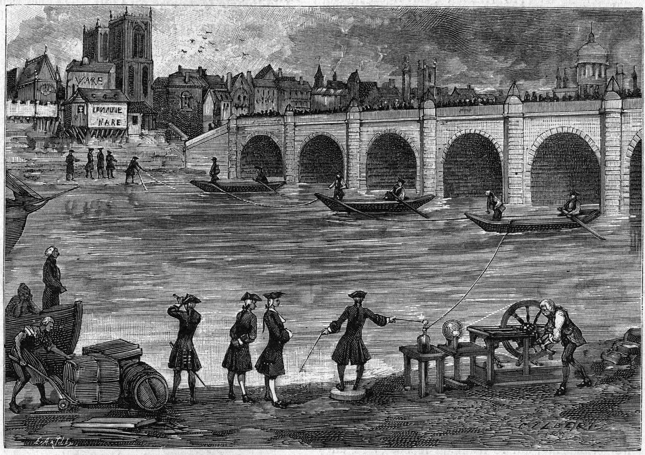 Eksperyment z elektrycznością przeprowadzony przez angielskiego fizyka Williama Watsona (1715-1787) na brzegach Tamizy w XVIII wieku. Grawerowanie w „”La Nature: revue des sciences et de leurs applications aux arts et a l