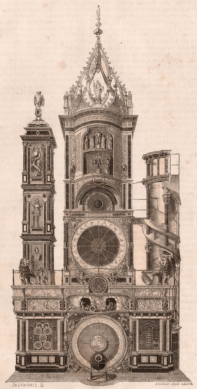 Widok elewacji zegara astronomicznego znajdującego się w katedrze Matki Bożej w Strasburgu, Francja autorstwa Unknown