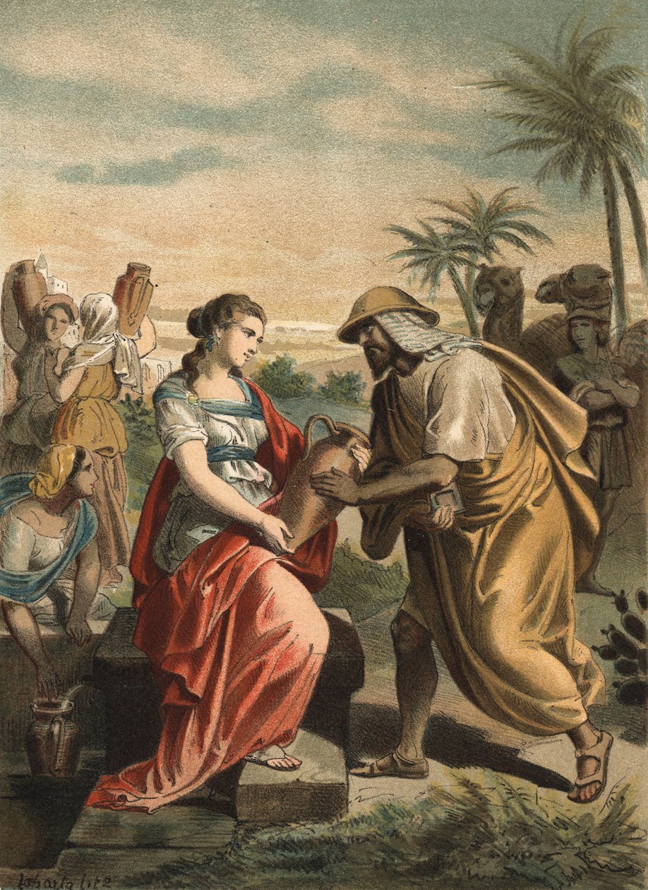 Eliezer, sługa Abrahama, właśnie znalazł przyszłą żonę Rebeki, Izaaka. Grawer z 1881 r. w „” Kult piękna”” autorstwa Juan Justo Huguet, redaktorzy Molinas Hermanos autorstwa Unknown artist