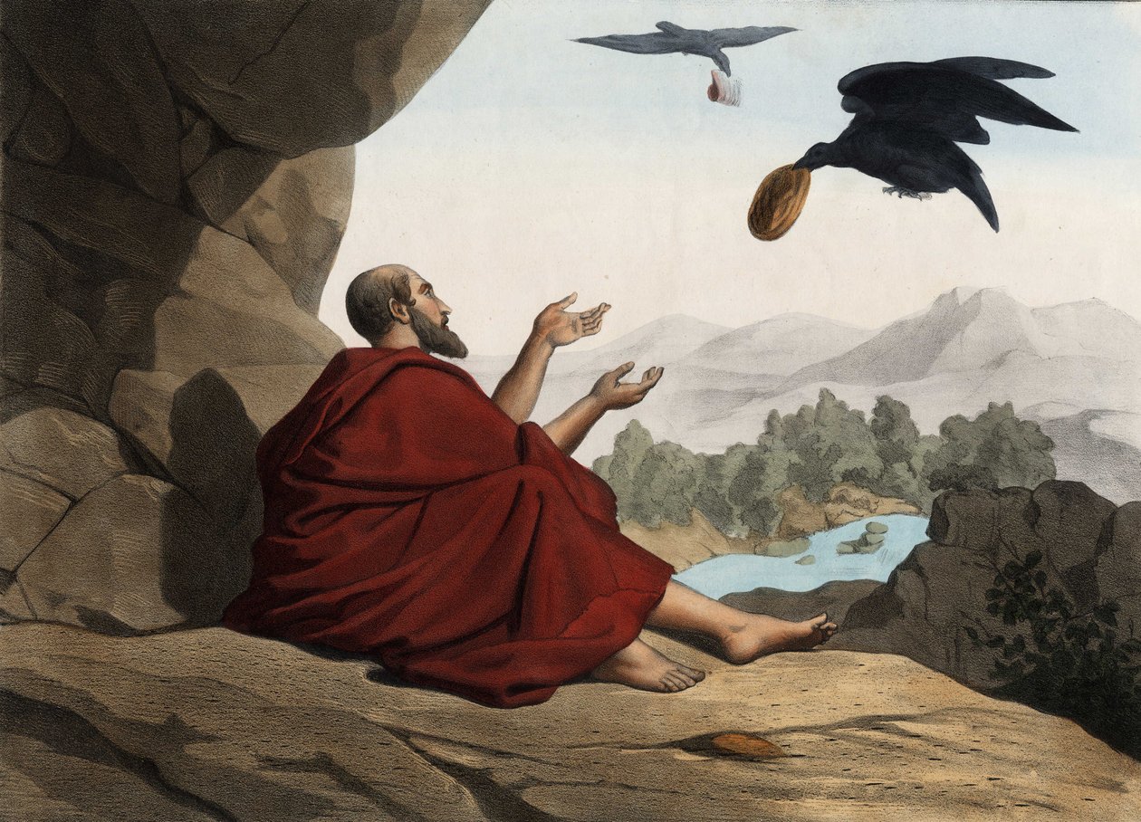 Eliasz, ukryty nad strumieniem Kerith, jest karmiony przez wrony. Anonimowy rycina z połowy XIX wieku. autorstwa Unknown artist