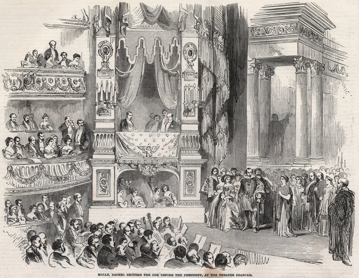 Elisabeth Rachel Felix, znana jako Mademoiselle Rachel (1821-1858), francuska Tragedienne, przed Napoleonem III w Theatre Francais w 1852 r. - W przeddzień proklamacji Drugiego Cesarstwa Rachel ogłosiła w Theatre Francais 22 października 1852 r. autorstwa Unknown artist