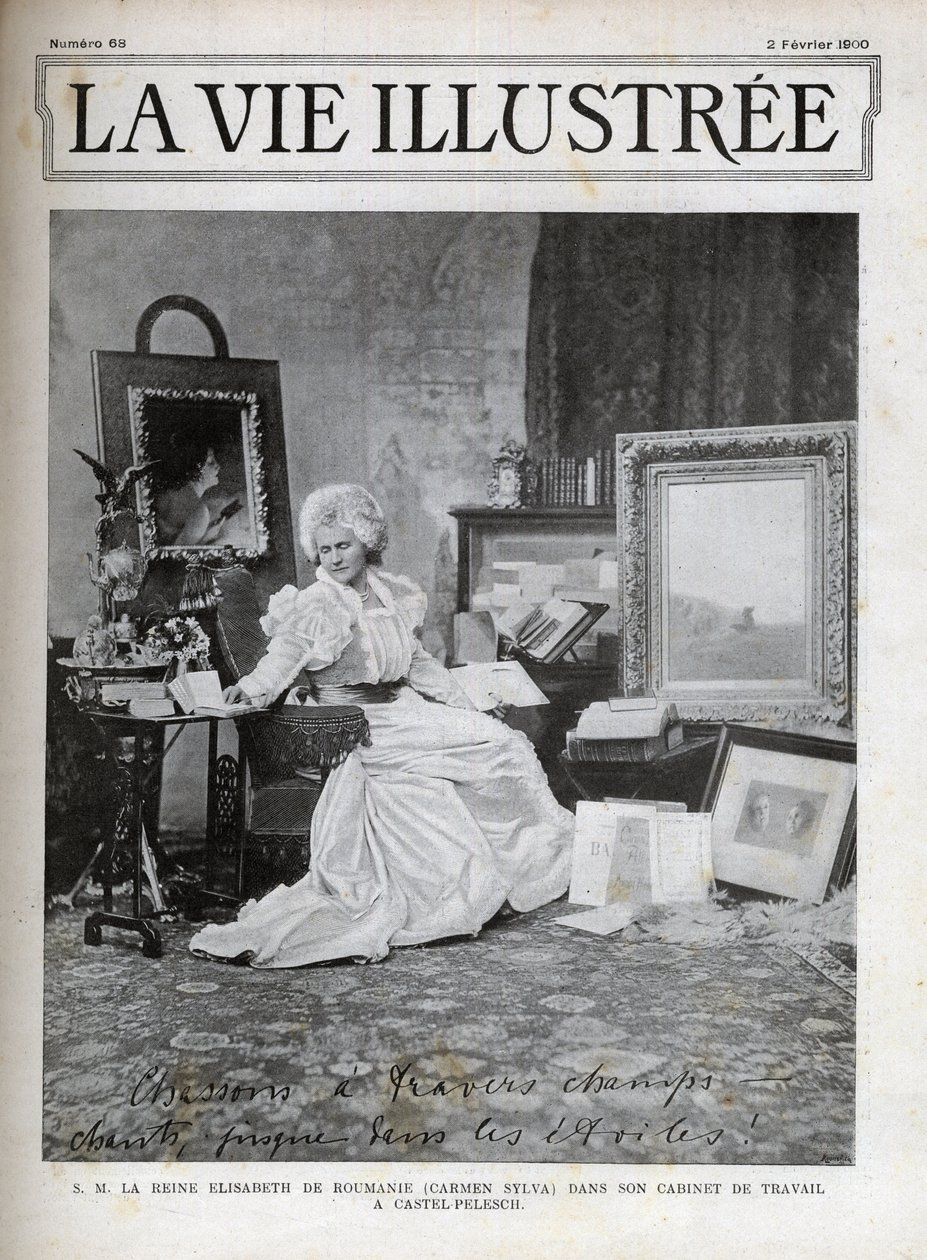Elżbieta z Wied Królowa małżonka Rumunii 1843-1916 - Elisabeth de Wied - Elisabeth Pauline Ottilie Louise de Wied (znana jako pióro Carmen Sylva), w swoim biurze w Castel Pelesch - okładka życia ilustrowana z 1900 roku autorstwa Unknown artist