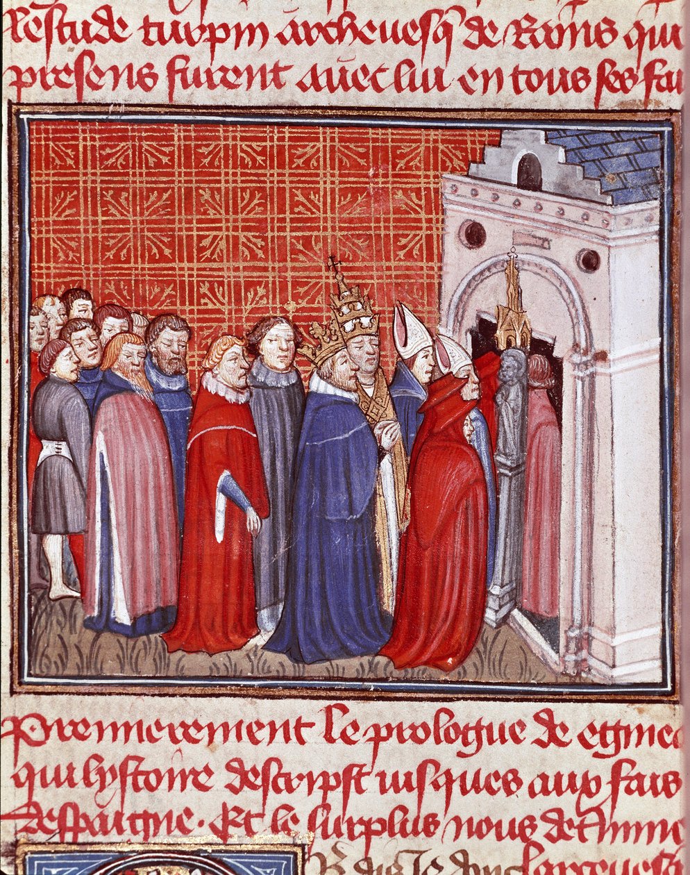 Korony cesarza Karola Wielkiego (742-814) wchodzą do kościoła, a następnie miniaturowi prałaci z „Les grandes Chronicles de France”” XV-wieczny Chantilly, Musee Conde autorstwa Unknown artist