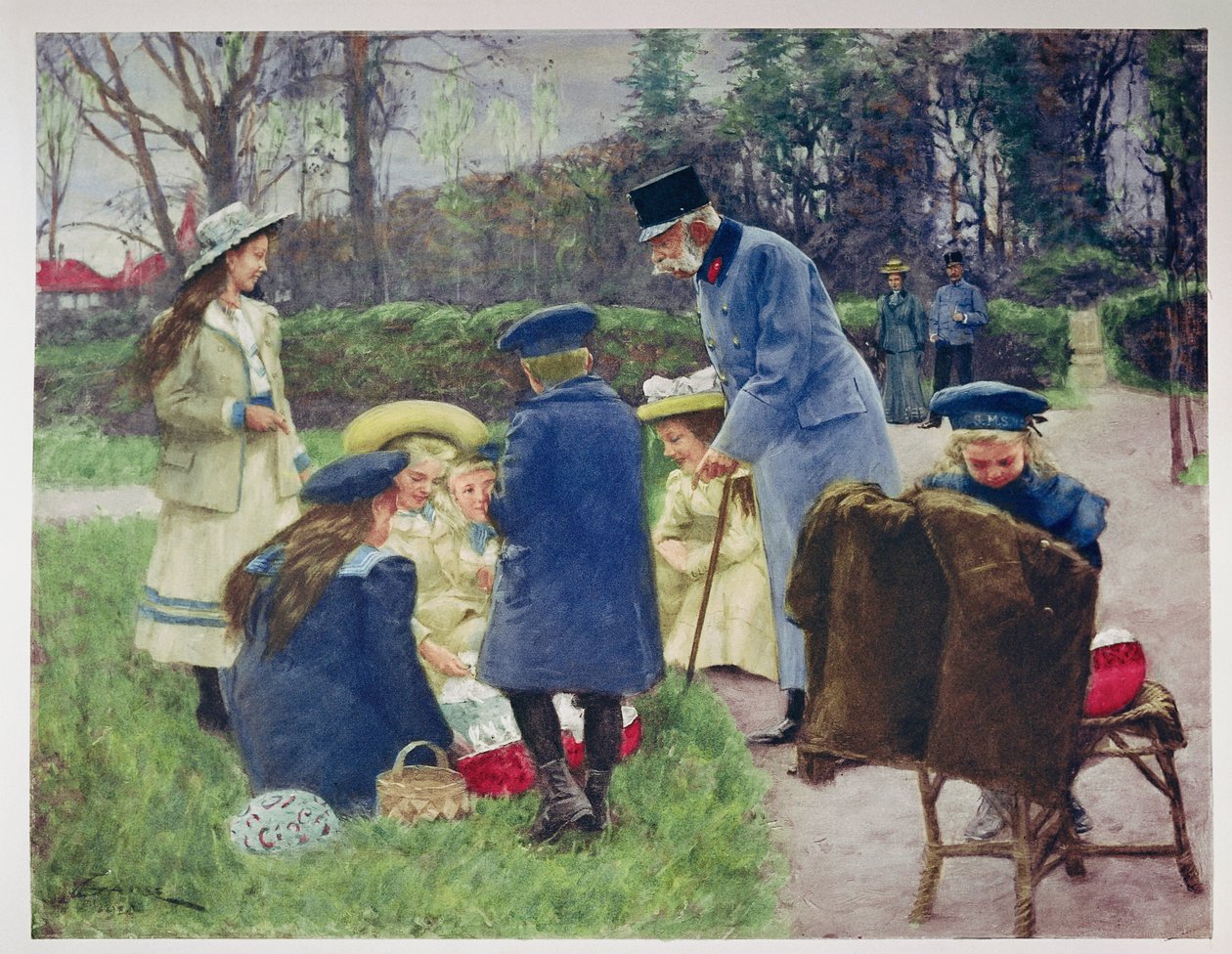 Cesarz Franciszek Józef obserwuje swoją wnuczkę w parku swojej willi w Ischl w Górnej Austrii autorstwa Unknown artist