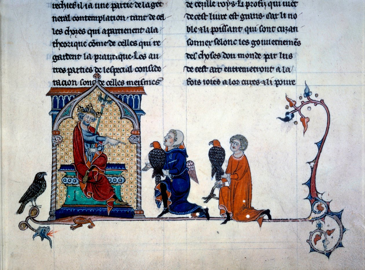 Cesarz Fryderyk II (1194-1250) odbierający miniatury sokolników ze „Sztuki polowania z ptakami” autorstwa Unknown artist