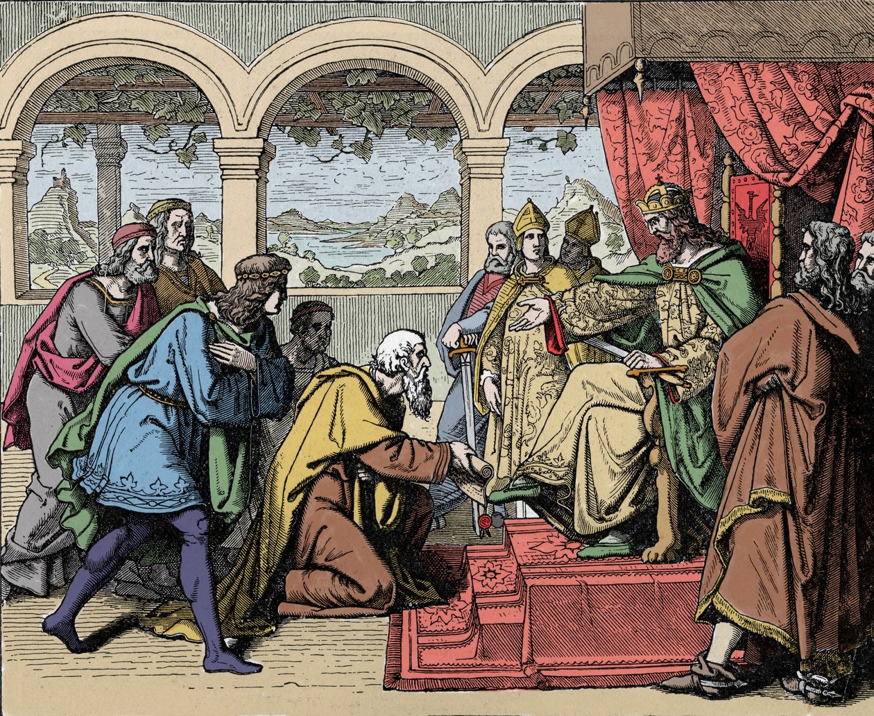 Cesarz Fryderyk I Barberossa (1122-1190) (Fryderyk I Hohenstaufen) podczas swojej drugiej podróży do Włoch w 1158 mija rzekę Addę i spotyka mieszkańców Lodi, którzy błagają go o odzyskanie ich terytorium (druga kampania włoska, cesarz Fryderyk Barbarossa c autorstwa Unknown artist
