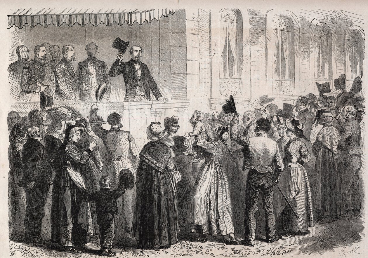 Cesarz Napoleon III (1808-1873) na tarasie willi Straussa a Vichy, witany przez ludność wsi w niedzielę 7 lipca 1861 - Grawerowanie w „Świat znakomity”” autorstwa Unknown artist