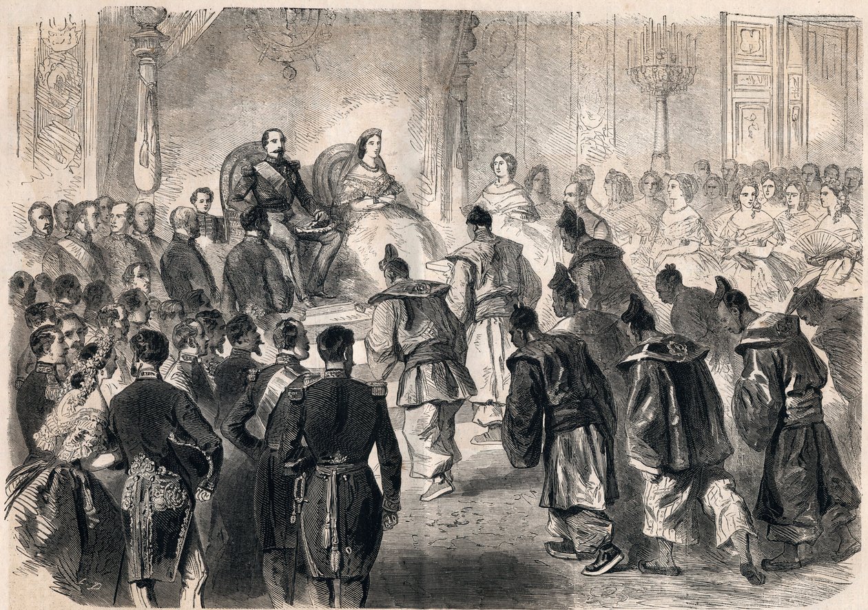 Cesarz Napoleon III i Impress Eugenie de Montijo uroczyście przyjęli japońskich ambasadorów w Tuileries w Paryżu 13 kwietnia 1862 r. Grawer „Le Monde illustrious” z 1862 r. Ze zbiorów prywatnych. autorstwa Unknown artist