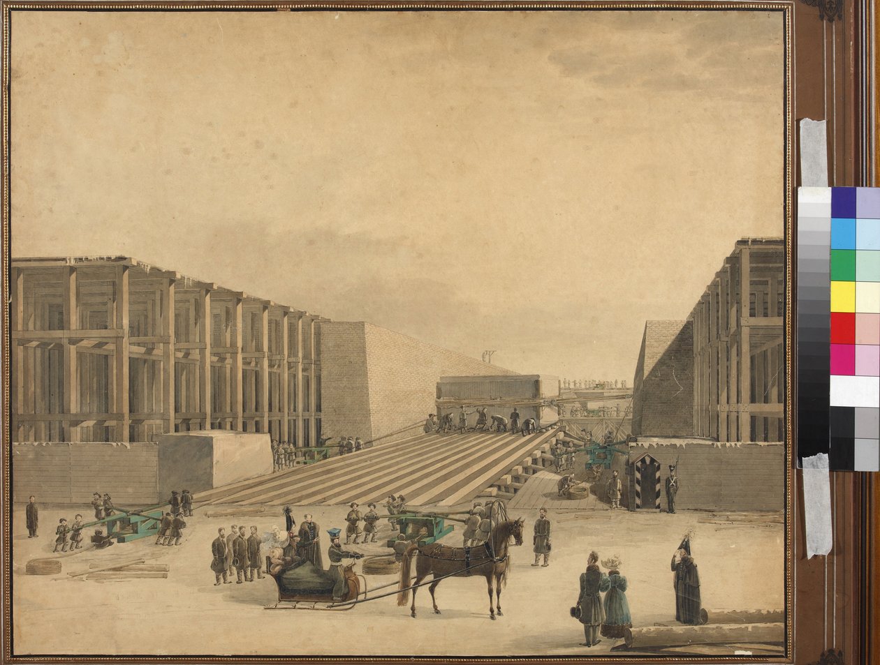 Cesarz Mikołaj I zwiedzający plac budowy Kolumny Aleksandra - Anonim. Akwarela na papierze, po 1836 r. Państwowe Muzeum Historii Sankt Petersburga autorstwa Unknown artist