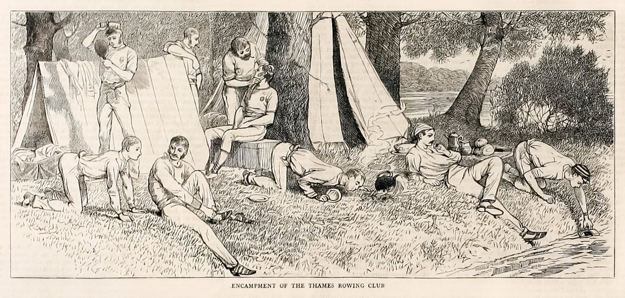 Obozowisko Klubu Wioślarskiego Tamizy.? z ?Szkiców ze startu pary na Henley Regatta? opublikowany w lipcu 1878 autorstwa Unknown