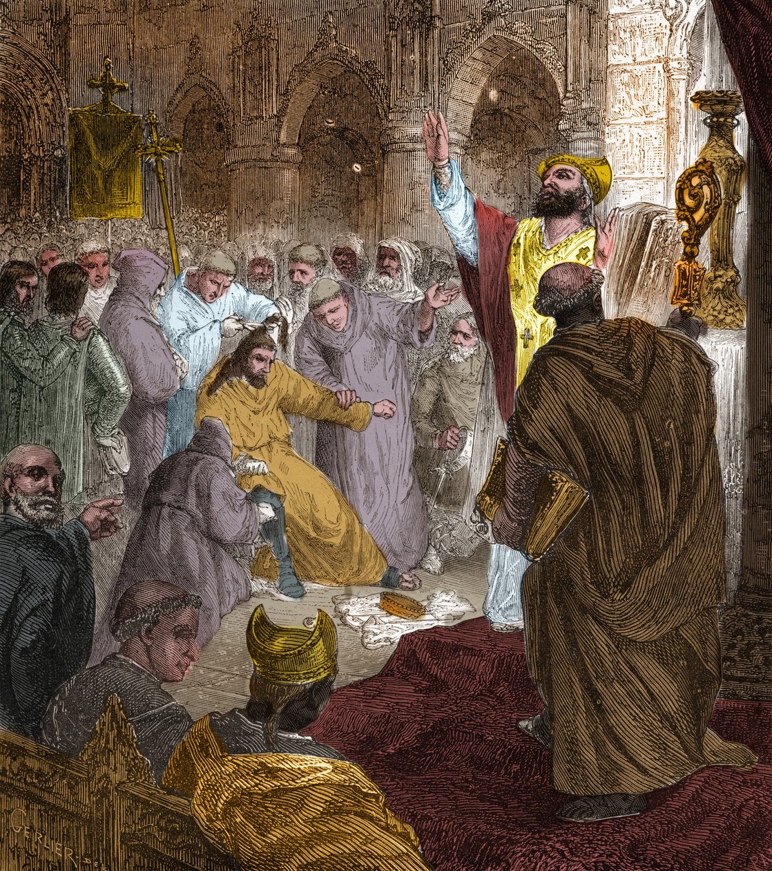 Koniec dynastii Merowingów, 751: obalenie króla Childeryka III (714-754) przez Pepina Briefa (714-768). autorstwa Unknown artist